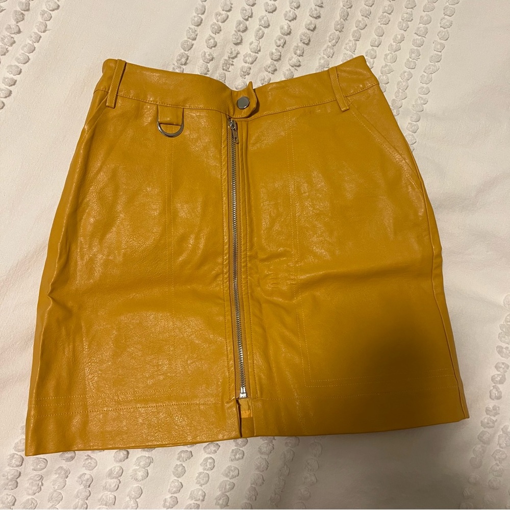 Fashion Union Mustard Faux Leather Front-Zip Mini Skirt